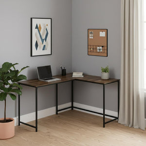 HomeRoots 58" L-Shaped Brown and Black Corner Desk - Stylish, Space-Saving Design for Home Office & Living Room 489861