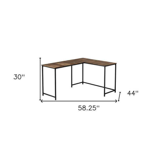 Homeroots 58" Stylish Brown And Black Wood And Metal Corner Computer Desk For Modern Office Spaces   489861
