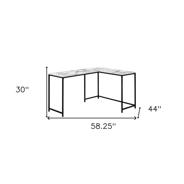 Homeroots 58" White And Black Faux Marble Corner Computer Desk – Stylish, Space-saving Design For Home Office!   489871