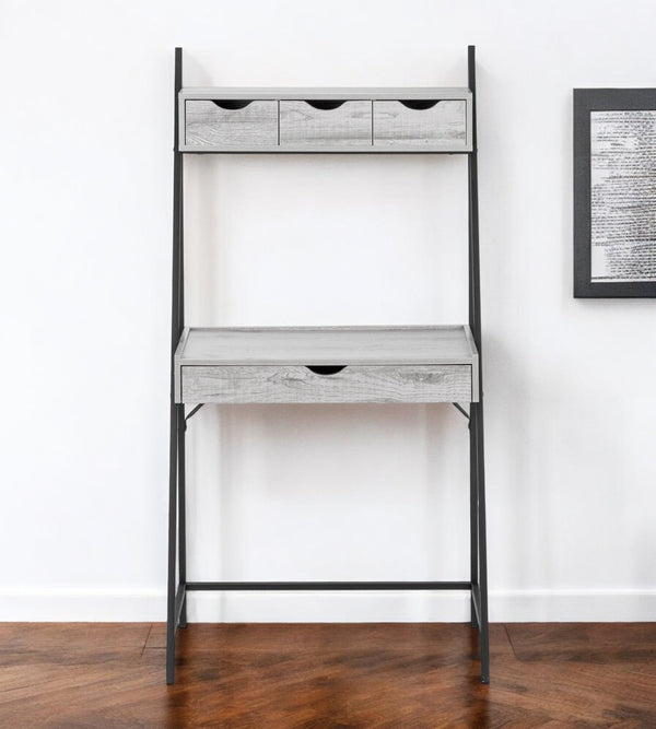 Homeroots 32" Gray And Black Wood And Metal Sled Desk - Stylish, Durable, & Functional With 4 Storage Drawers!   489873