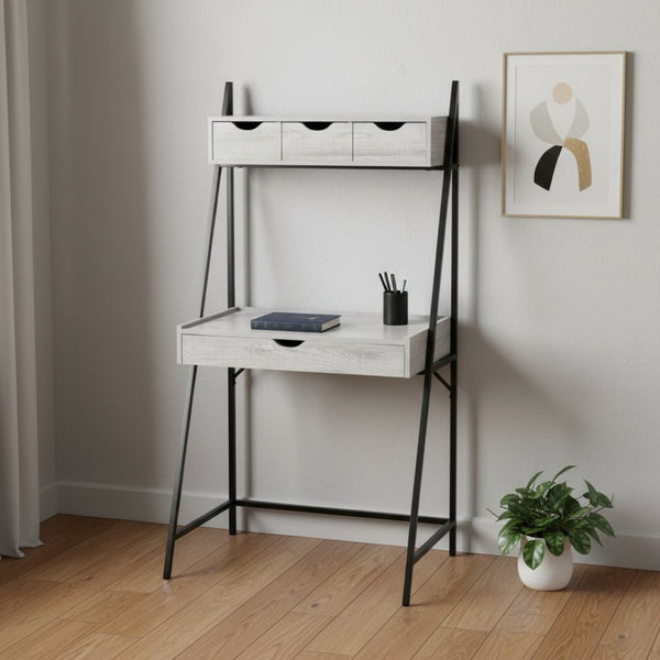 HomeRoots 32" Gray and Black Sled Computer Desk - Modern Wood and Metal Design with 4 Drawers for Small Spaces 489873