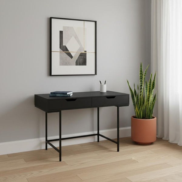 HomeRoots 47" Black Wood and Metal H-Shape Computer Desk – Modern, Durable & Space-Saving with 2 Drawers 489874