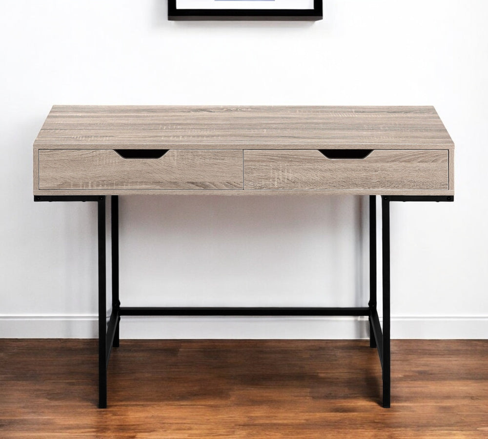 Homeroots 47" Taupe And Black Wood & Metal H-shape Desk With Two Drawers - Stylish, Sturdy, Space-saving Solution   489875