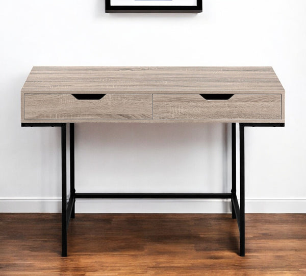 Homeroots 47" Taupe And Black Wood & Metal H-shape Desk With Two Drawers - Stylish, Sturdy, Space-saving Solution   489875