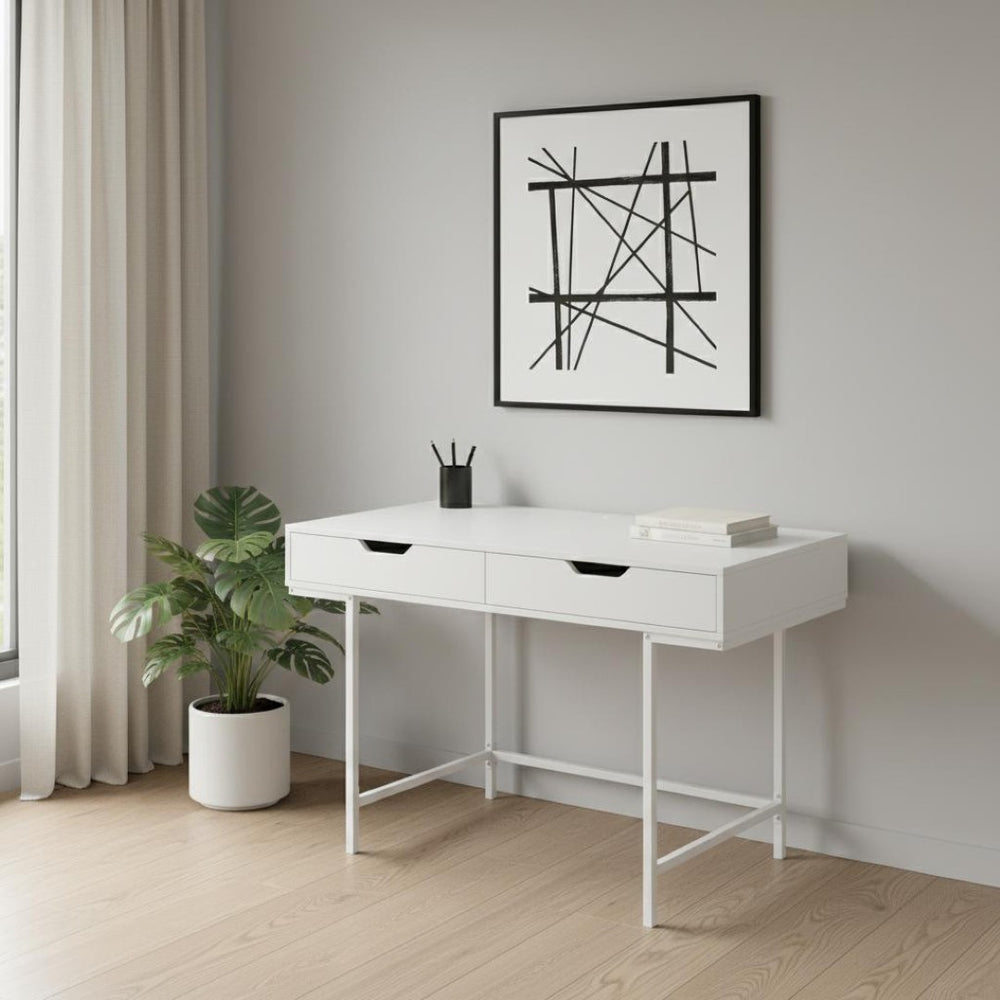 HomeRoots 47" Modern H-Shape Computer Desk in White Wood & Metal with Two Drawers for Stylish Home Offices 489876