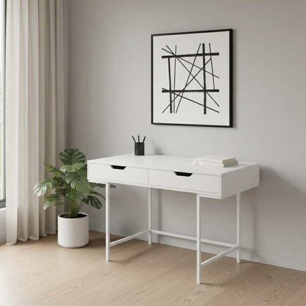 HomeRoots 47" Modern H-Shape Computer Desk in White Wood & Metal with Two Drawers for Stylish Home Offices 489876