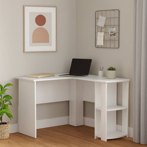 HomeRoots 47" White Wood Corner Computer Desk – Modern Design with Open Shelving for Home Office or Bedroom Use 489877