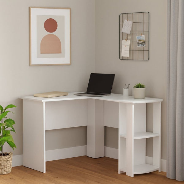 HomeRoots 47" White Wood Corner Computer Desk – Modern Design with Open Shelving for Home Office or Bedroom Use 489877