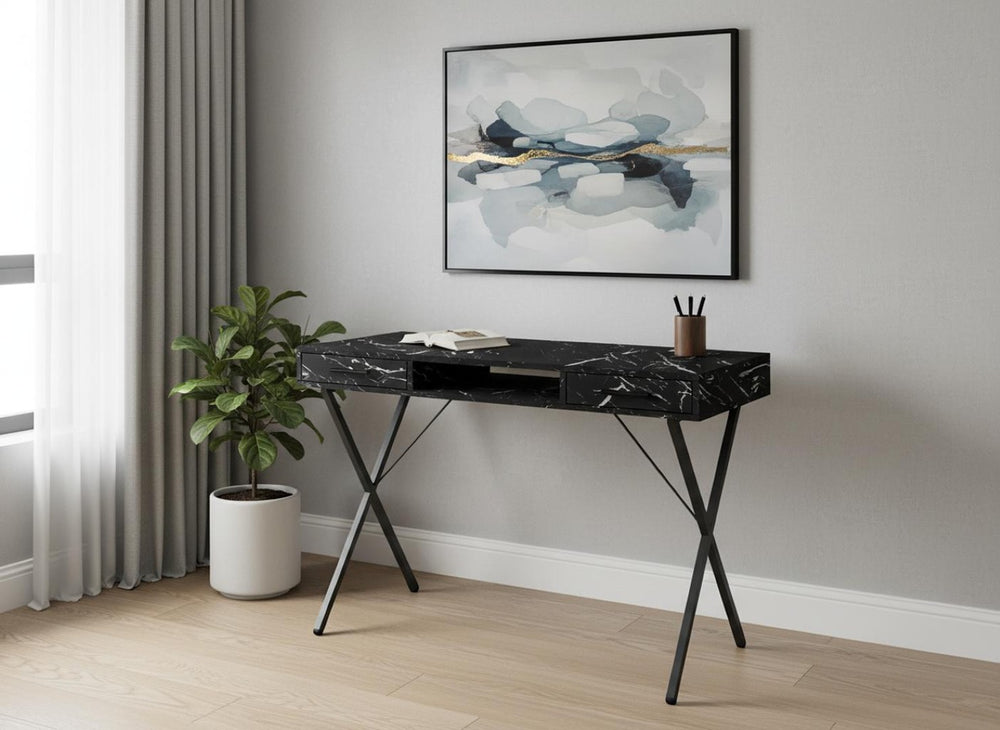 HomeRoots 42" Stylish Black Marble-Look Computer Desk with Metal X-Base, Two Drawers, Perfect for Home Offices 489879