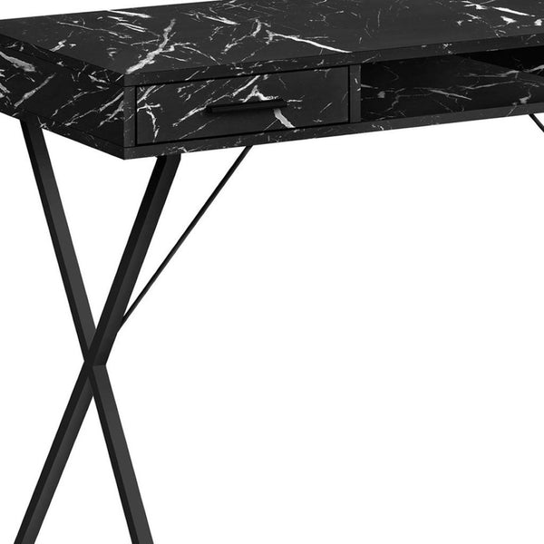 HomeRoots 42" Stylish Black Marble-Look Computer Desk with Metal X-Base, Two Drawers, Perfect for Home Offices 489879