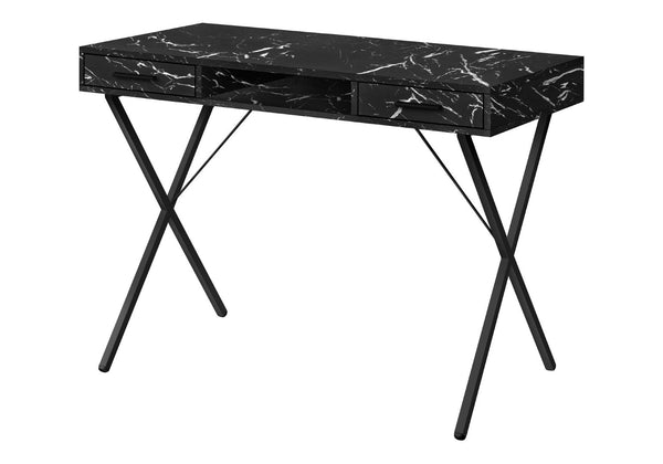 HomeRoots 42" Stylish Black Marble-Look Computer Desk with Metal X-Base, Two Drawers, Perfect for Home Offices 489879