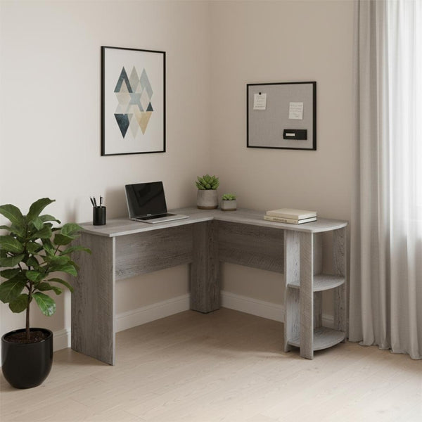 HomeRoots 47" Gray Wood Corner Computer Desk - Modern L-Shaped Workspace with Open Shelves & Durable Design 489884