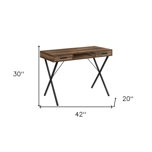 Homeroots 42" Brown And Black Wood And Metal X-shape Computer Desk With Stylish Drawers For Office Elegance   489885