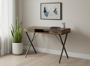 HomeRoots 42" Brown and Black Wood and Metal X-Shape Computer Desk with Drawers for Stylish Home Office Setup 489885
