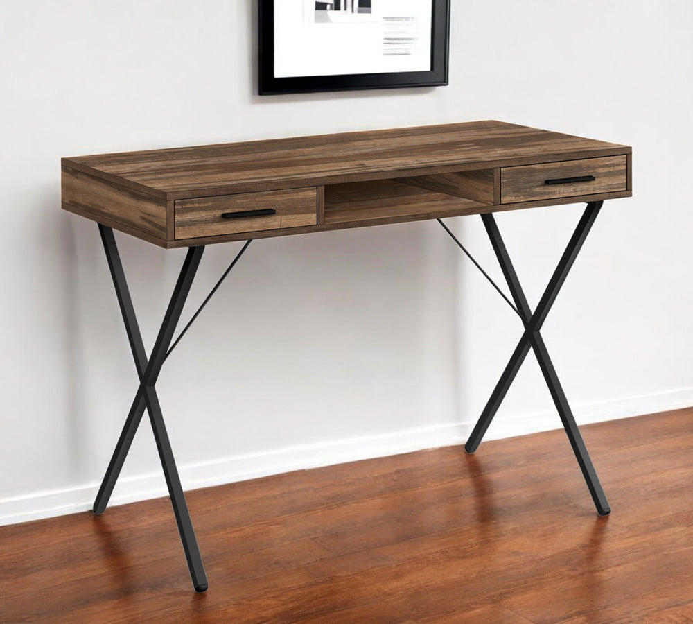 Homeroots 42" Brown And Black Wood And Metal X-shape Computer Desk With Stylish Drawers For Office Elegance   489885