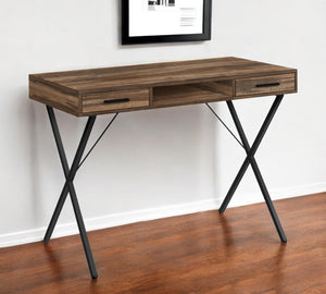 Homeroots 42" Brown And Black Wood And Metal X-shape Computer Desk With Stylish Drawers For Office Elegance   489885
