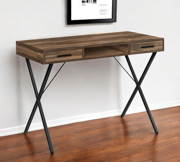 Homeroots 42" Brown And Black Wood And Metal X-shape Computer Desk With Stylish Drawers For Office Elegance   489885