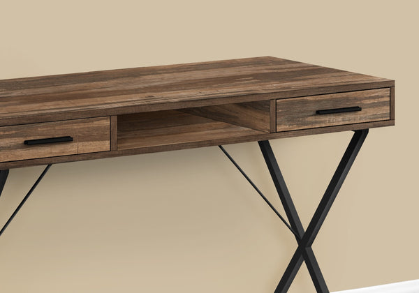 HomeRoots 42" Brown and Black Wood and Metal X-Shape Computer Desk with Drawers for Stylish Home Office Setup 489885