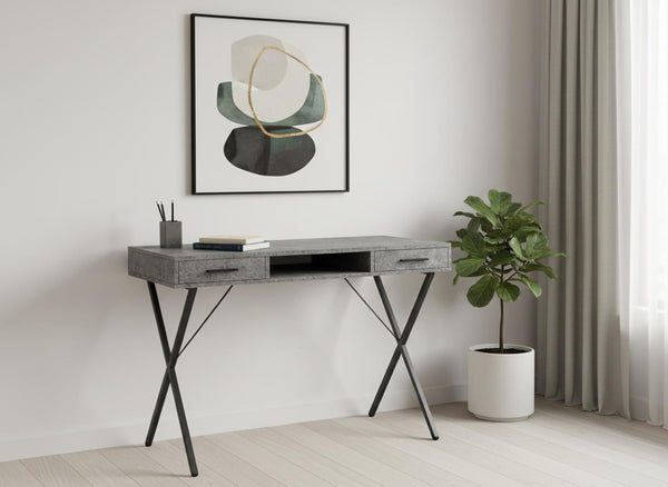 HomeRoots 42" Modern Gray and Black Wood and Metal Computer Desk with X-Shape Frame and Two Drawers for Storage 489887