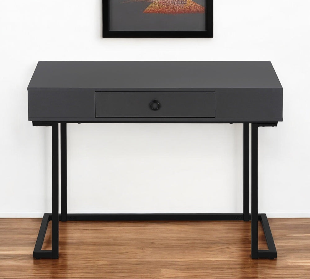 Homeroots 42" Gray And Black Wood Metal Sled Desk – Stylish Executive Workspace With Hidden Storage Solutions   489888