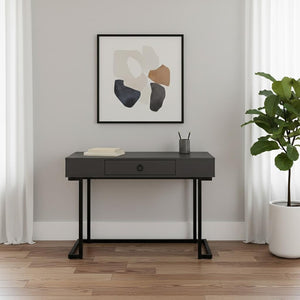 HomeRoots 42" Sleek Gray and Black Sled Computer Desk with Metal Legs, Hidden Drawer & Modern Style for Home Office 489888