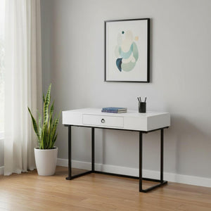 HomeRoots 42" Sleek White and Black Wood and Metal Sled Computer Desk for Modern Home Office Style and Function 489889