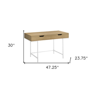 Homeroots 47" Executive Natural And White Wood Metal H-shape Computer Desk With Hidden Storage Drawers   489891