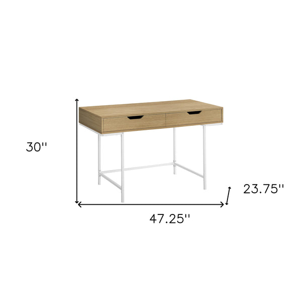 Homeroots 47" Executive Natural And White Wood Metal H-shape Computer Desk With Hidden Storage Drawers   489891