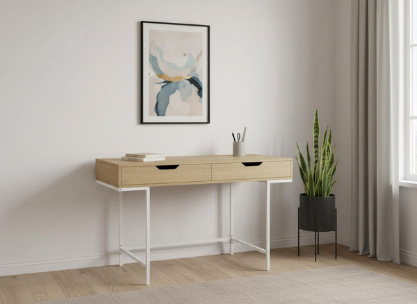 HomeRoots 47" Modern H-Shape Computer Desk in Natural Wood & White Finish with 2 Drawers for Stylish Workspaces 489891