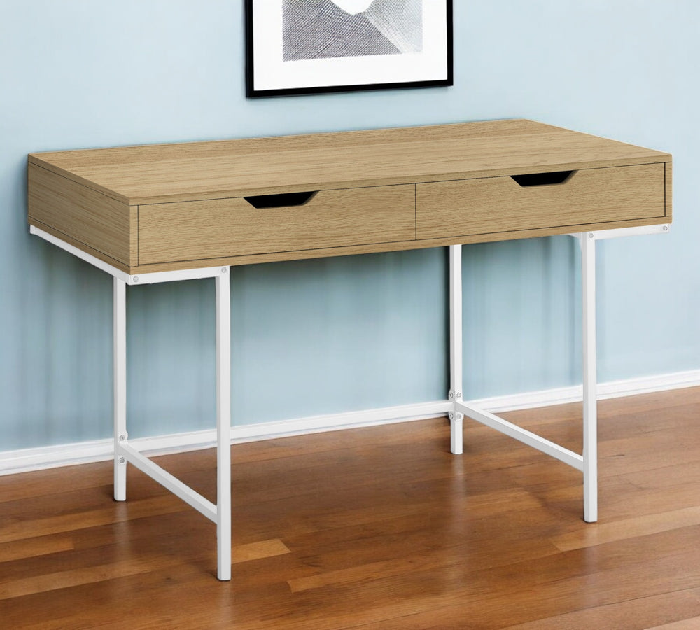 Homeroots 47" Executive Natural And White Wood Metal H-shape Computer Desk With Hidden Storage Drawers   489891
