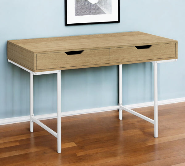 Homeroots 47" Executive Natural And White Wood Metal H-shape Computer Desk With Hidden Storage Drawers   489891