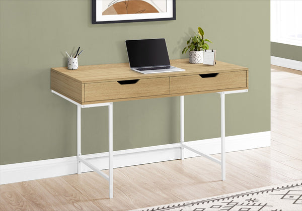 HomeRoots 47" Modern H-Shape Computer Desk in Natural Wood & White Finish with 2 Drawers for Stylish Workspaces 489891