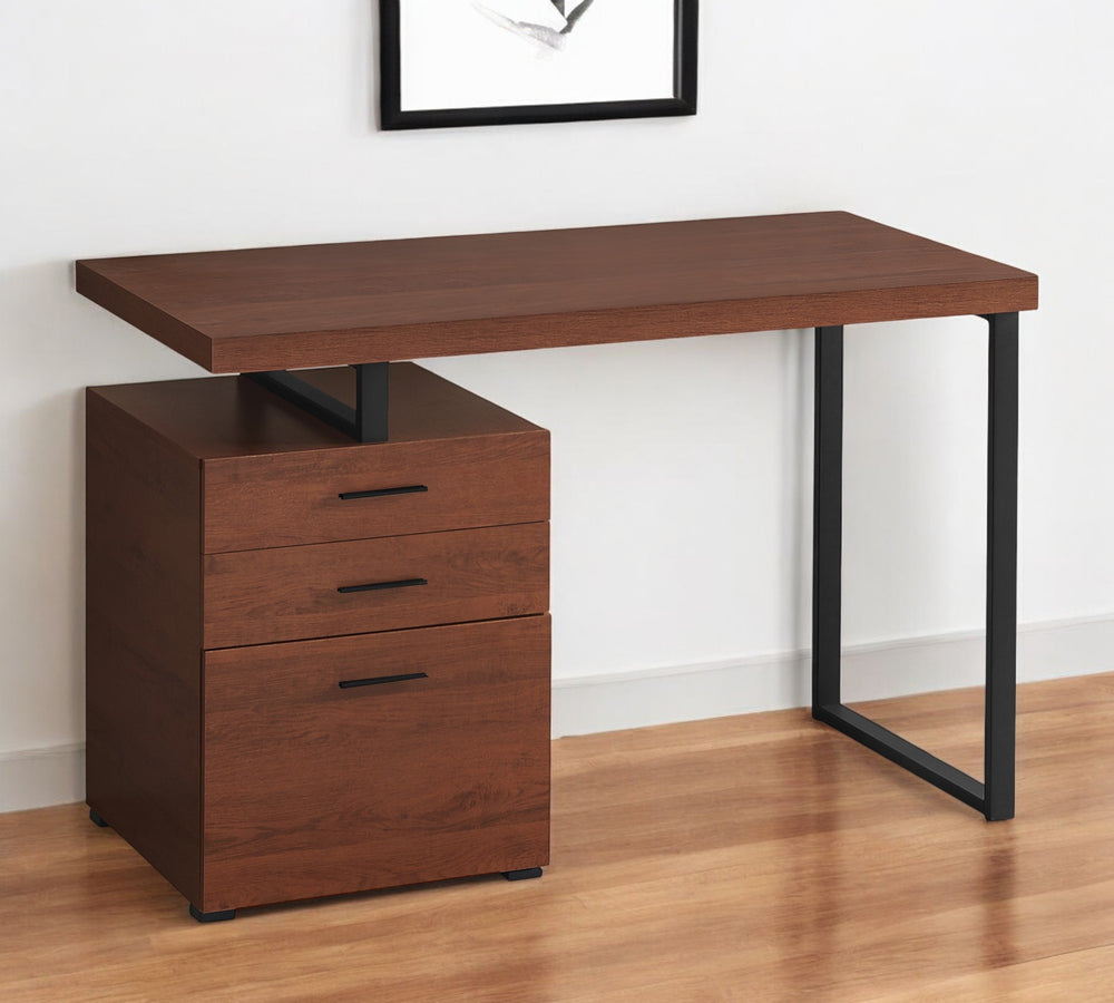 Homeroots 47" Brown And Black Wood And Metal Sled Desk - Stylish, Versatile, And Functional With Three Drawers   489898