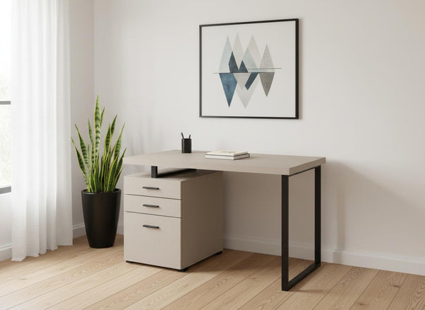 HomeRoots 47" Taupe and Black Wood & Metal Sled Desk with 3 Drawers – Modern Workspace for Ultimate Efficiency 489899