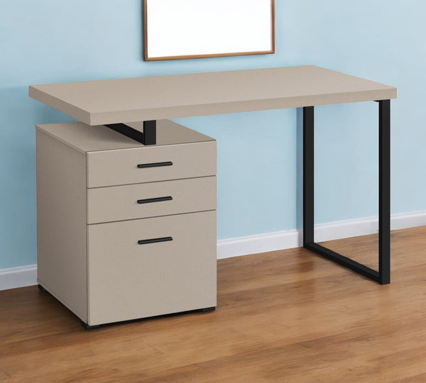 Homeroots 47" Taupe And Black Wood And Metal Sled Desk – Stylish, Versatile Office Workspace With 3 Drawers   489899