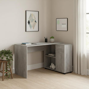 HomeRoots 46" Gray Wood L-Shaped Computer Desk – Modern, Space-Saving Design with Concealed Storage & Shelves 489904
