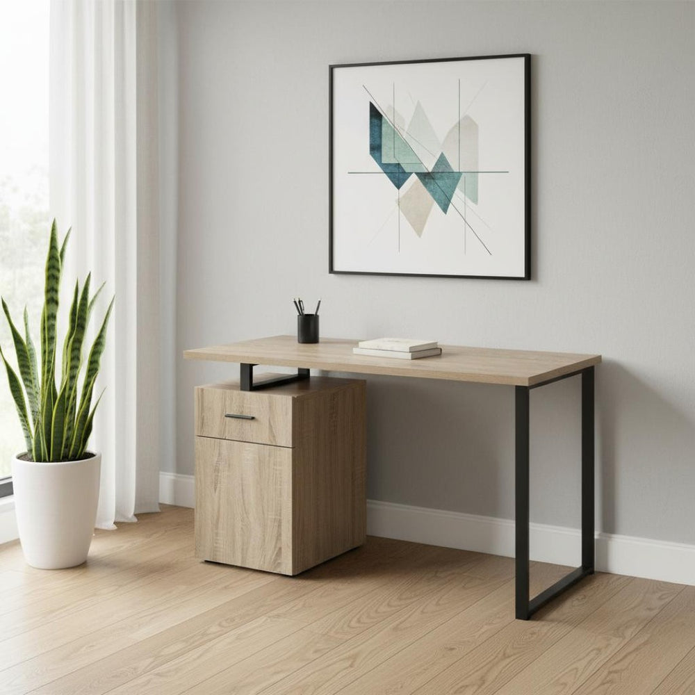 HomeRoots 47" Taupe and Black Wood and Metal Sled Desk - Modern Workspace Solution with Ample Storage Options 489906