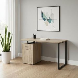 HomeRoots 47" Taupe and Black Wood and Metal Sled Desk - Modern Workspace Solution with Ample Storage Options 489906