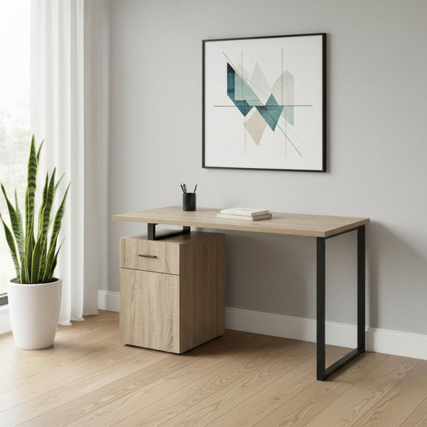 HomeRoots 47" Taupe and Black Wood and Metal Sled Desk - Modern Workspace Solution with Ample Storage Options 489906