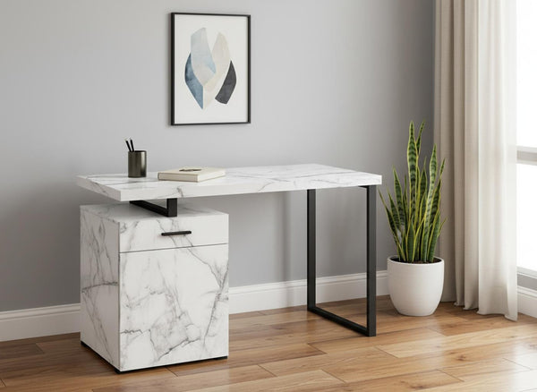 HomeRoots 47" Sleek White and Black Sled Desk with Metal Accents – Modern Design, Reversible Assembly & Storage 489908
