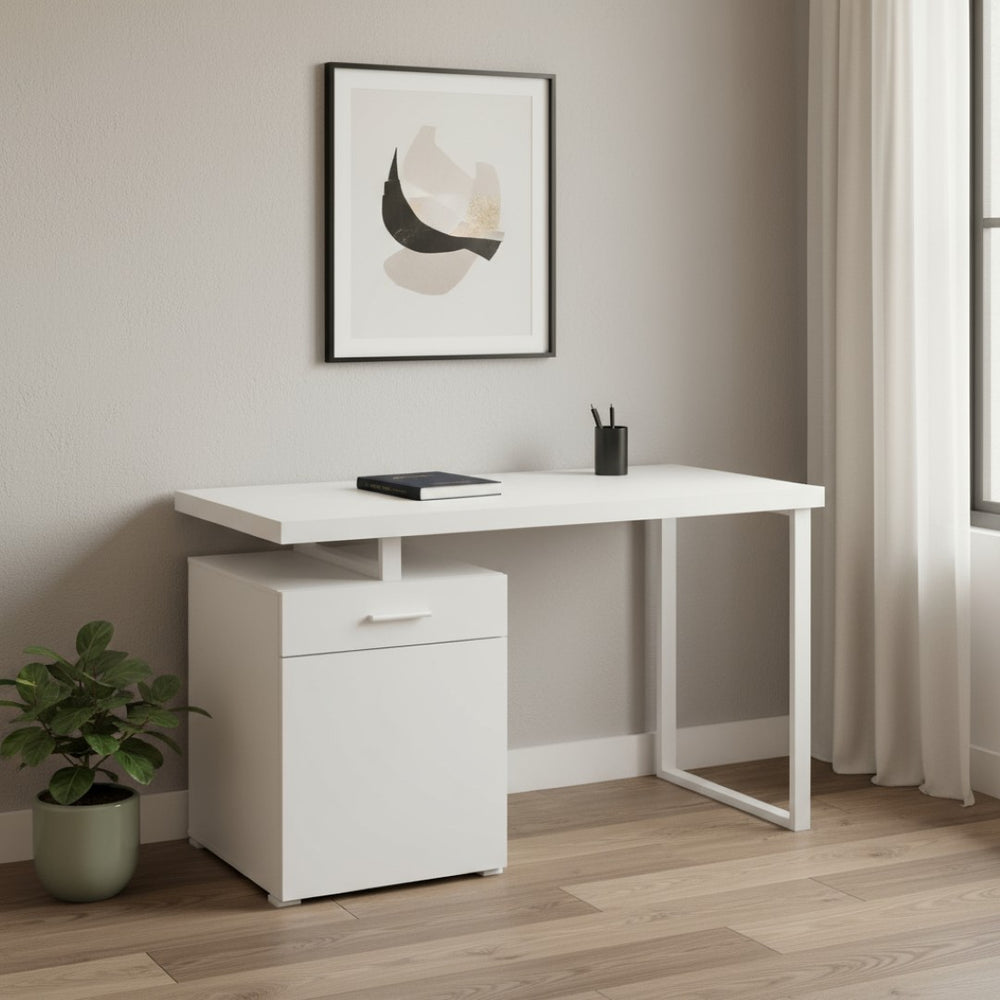 HomeRoots 47" Sleek White Wood & Metal Sled Desk - Versatile, Reversible Design for Modern Workspaces & Storage 489909
