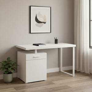 HomeRoots 47" Sleek White Wood & Metal Sled Desk - Versatile, Reversible Design for Modern Workspaces & Storage 489909