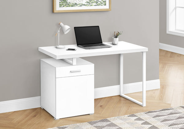 HomeRoots 47" Sleek White Wood & Metal Sled Desk - Versatile, Reversible Design for Modern Workspaces & Storage 489909