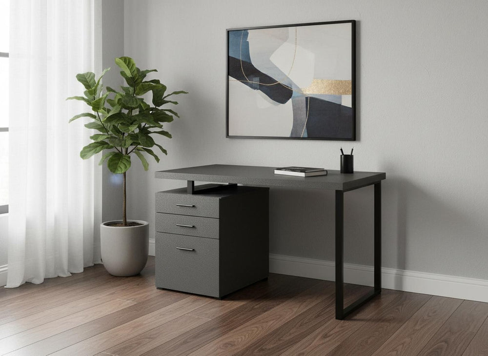 HomeRoots 47" Contemporary Gray and Black Wood-Metal Sled Desk with 3 Drawers – Stylish, Durable, Versatile Workspace 489910
