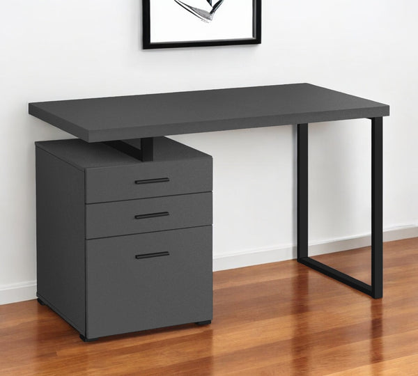 Homeroots 47" Gray And Black Wood & Metal Sled Computer Desk With 3 Drawers For Stylish Office Organization   489910
