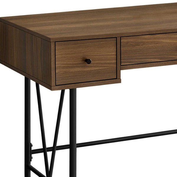 HomeRoots 47" Brown and Black Wood and Metal Sled Desk - Stylish Workstation with 3 Drawers for Home Office 489914