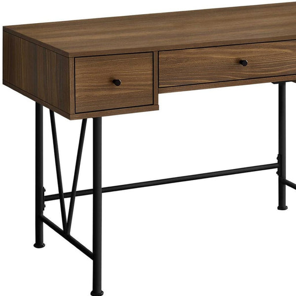 HomeRoots 47" Brown and Black Wood and Metal Sled Desk - Stylish Workstation with 3 Drawers for Home Office 489914
