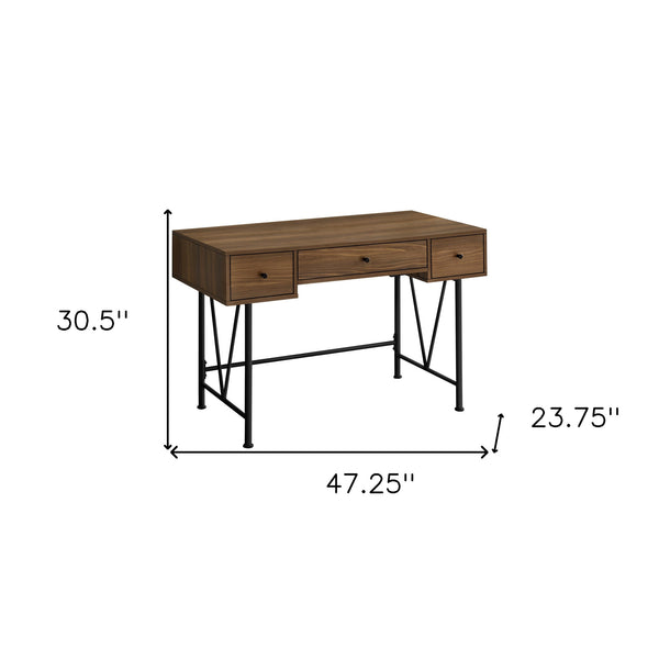 Homeroots 47" Brown And Black Wood And Metal Sled Computer Desk With Three Drawers For Stylish Organization   489914