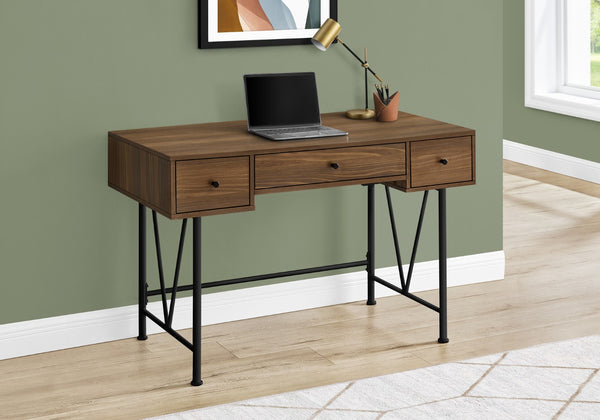 HomeRoots 47" Brown and Black Wood and Metal Sled Desk - Stylish Workstation with 3 Drawers for Home Office 489914