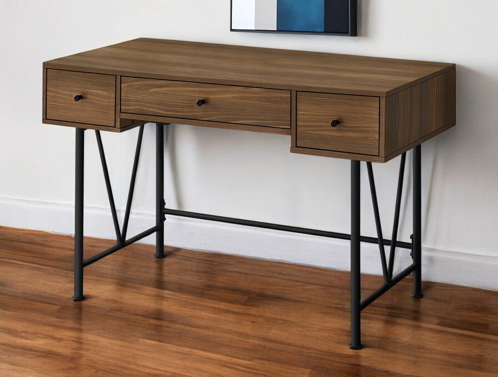 Homeroots 47" Brown And Black Wood And Metal Sled Computer Desk With Three Drawers For Stylish Organization   489914
